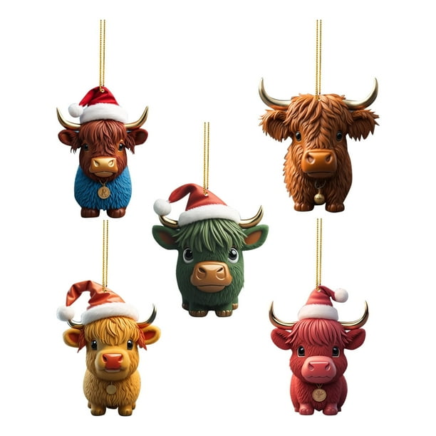 5 adornos navideños de vaca con gorros rojos de Papá Noel para árbol de Navidad. Bonitas decoraciones colgantes de vaca de las Tierras Altas de acrílico. Adornos decorativos de vaca de dibujos