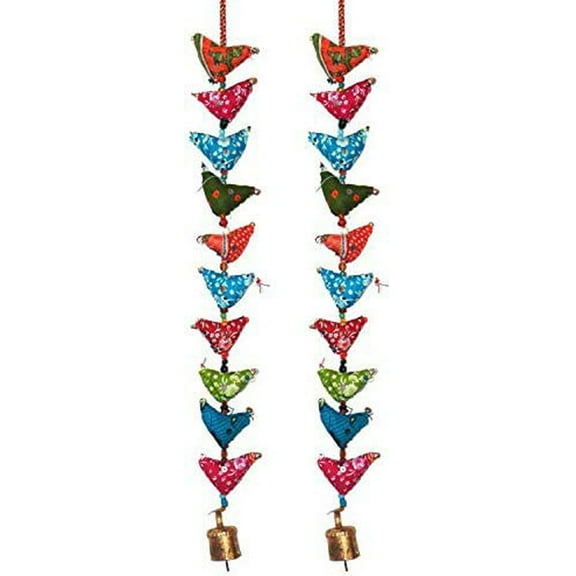 Rastogi Handicrafts Cotton Multicolor Small Birds Beads Brass Bell Door Hanging Decoration Set of 2 Pcs