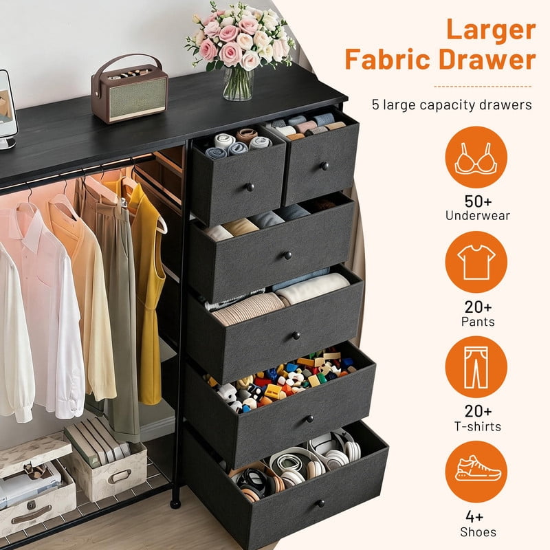 Simenmax 6-Drawer Storage Closet with LED Lights & Charging Station, 49.2" Wide Wooden Wardrobe Rack with Fabric Bins,Portable Clothing Organizer for Bedroom, Entryway, Gray