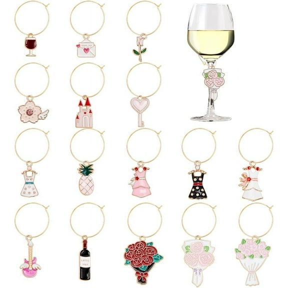 16Pcs Wedding Theme Charm Rose Flower Dress Heart Key Drink Markers for Stem Glass Decoration