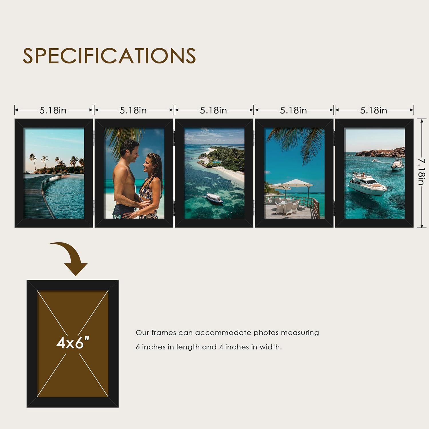 Meilimei 4x6 Picture Frame Collage - 5 Folding Multi Photo Frame, Horizontal Accordion Style with Plexiglass, Tabletop Bookshelf Display for 4x6 Pictures (Black)