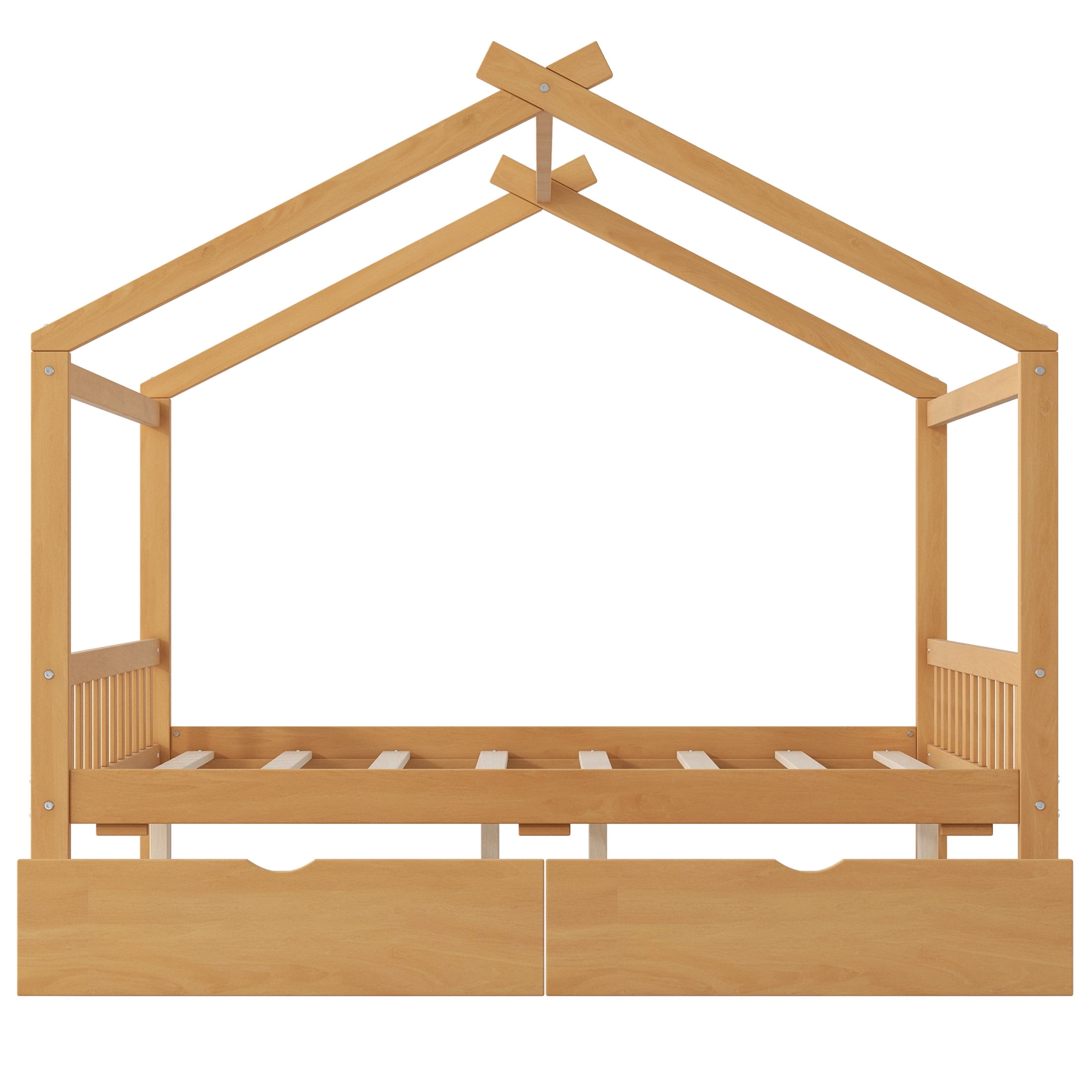 Noble House Clavell Full Size House Bed with 2 Storage Drawers, Headboard and Footboard, Playful Roof Design, Natural