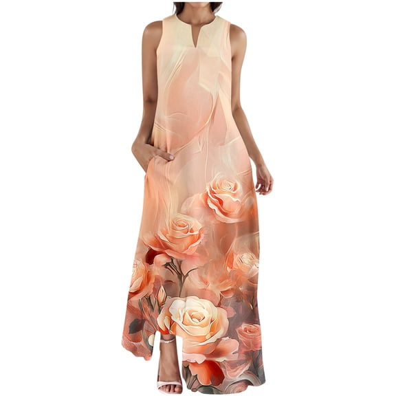 EINCcm Women Summer Dresses Trendy Floral Print Maxi Dress Casual Flowy Sleeveless V Neck Long Sundress with Pockets