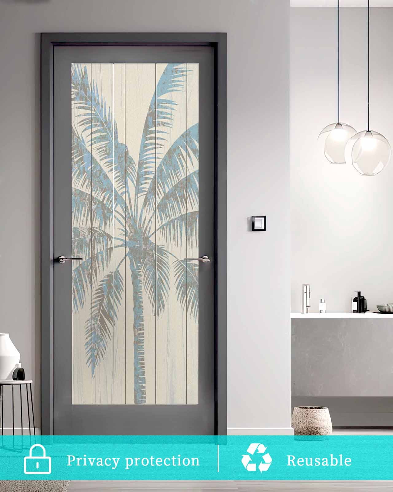 Window Privacy Film Summer Palm Trees Stained Glass Window Film Decorative Sun Block Window Cover Tropical Plants Vintage Wood Grain Window Clings Static Adhesive Sticker for Bathroom 35.4"x78.7"