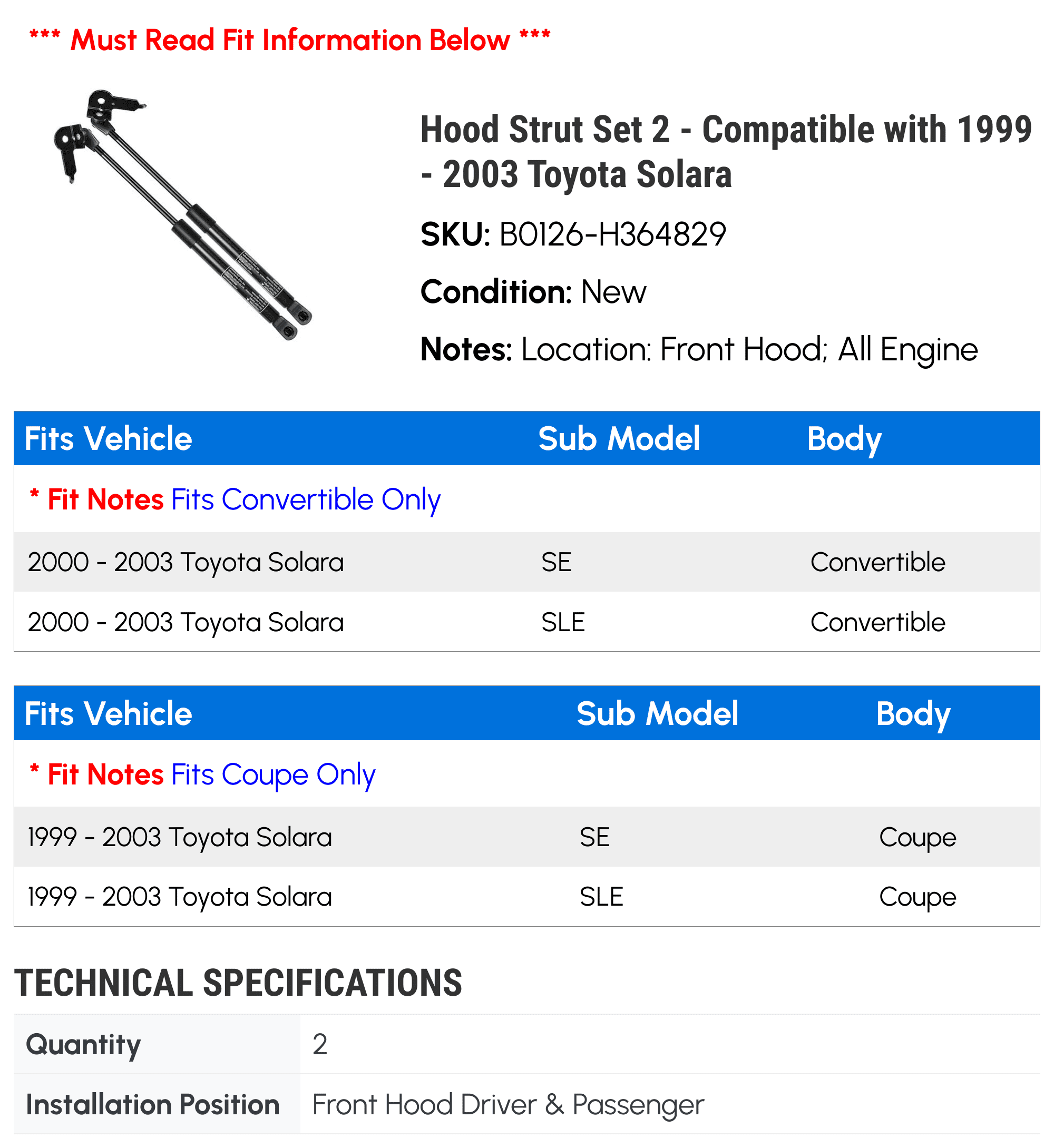 Hood Strut Set 2 - Compatible with 1999 - 2003 Toyota Solara - Autopart Premium
