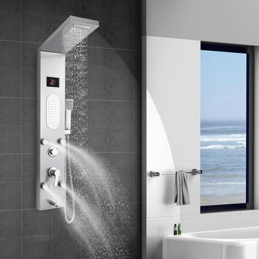 Xianers Stainless Steel Shower Panel Tower System,LED Rainfall Waterfall Shower Head Faucet Rain Massage System with Body Jets, Brushed Nickel