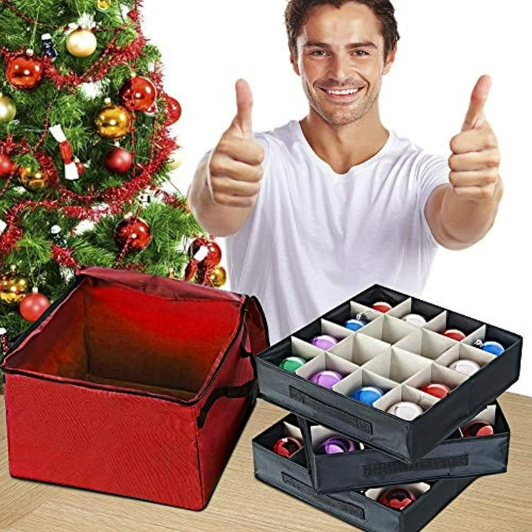 ProPik Christmas Ornament Storage Box Organizer Chest, with 3 Trays Holds Up to 75 Ornaments Balls, with Dividers to Organize (Black)