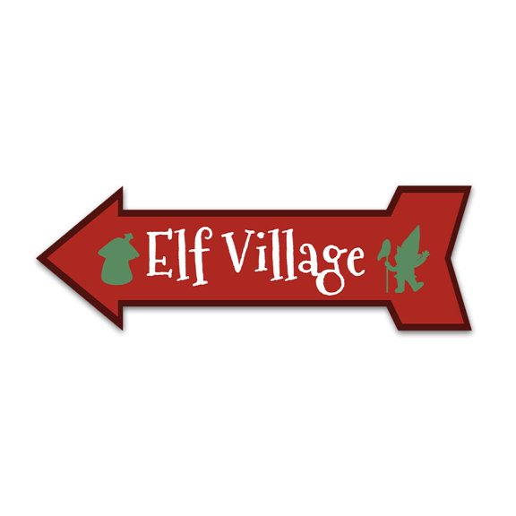 Arrow Shape Plus Elf Village (Left) 12x4" Wall or Door Sign | Christmas Holiday Decoration