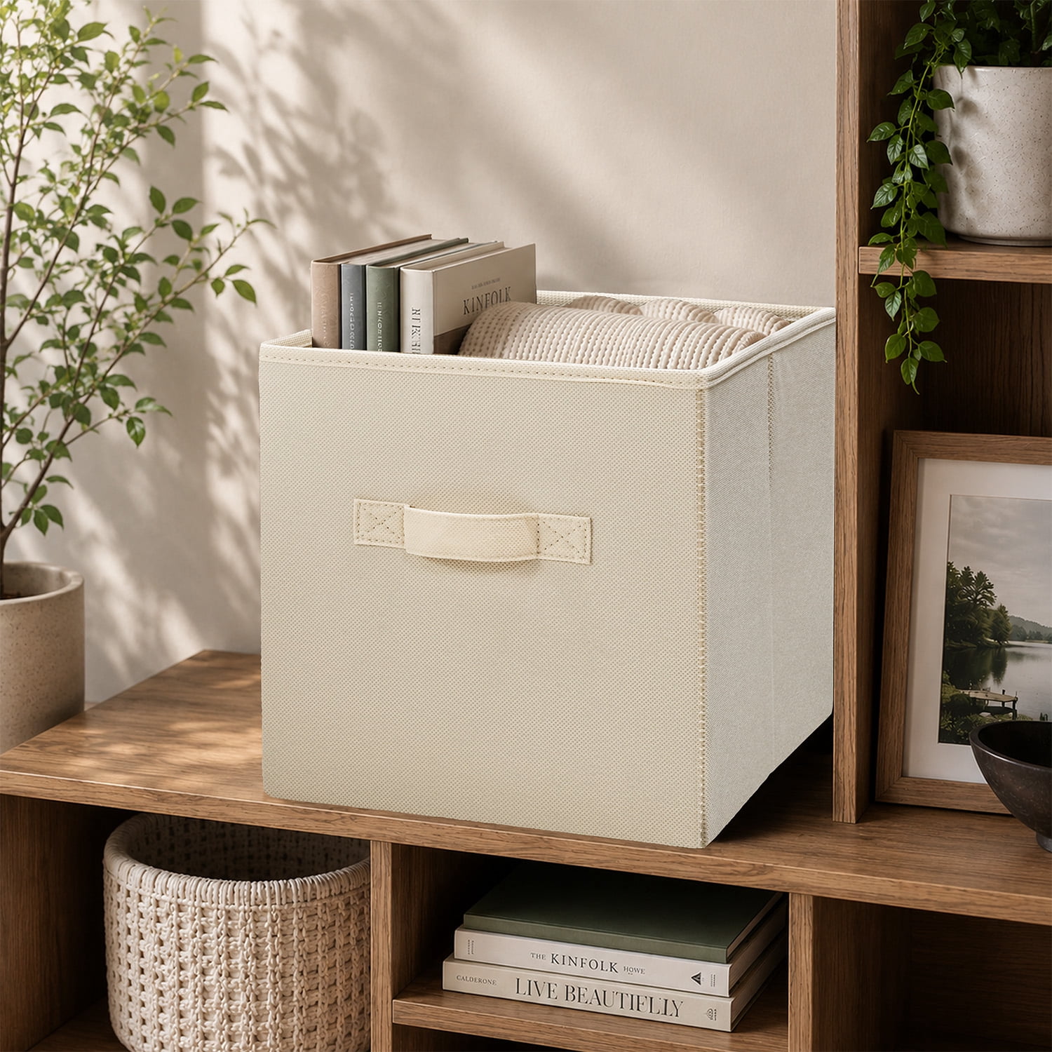 Mainstays Collapsible Cube Fabric Storage Bins, Papyrus Beige, 6 Pack