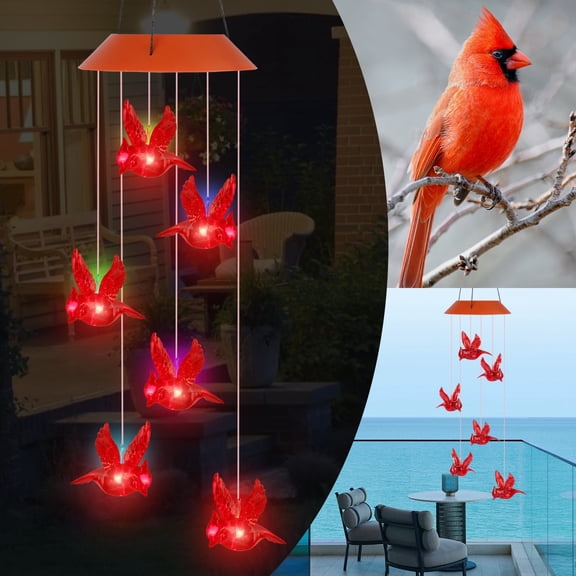 DISEN Solar Cardinal Red Bird Wind Chime Lights, LED Cardinal Mobile Wind Chimes with S Hook, IP65 Waterproof for Patio Deck Yard Garden Home Decor