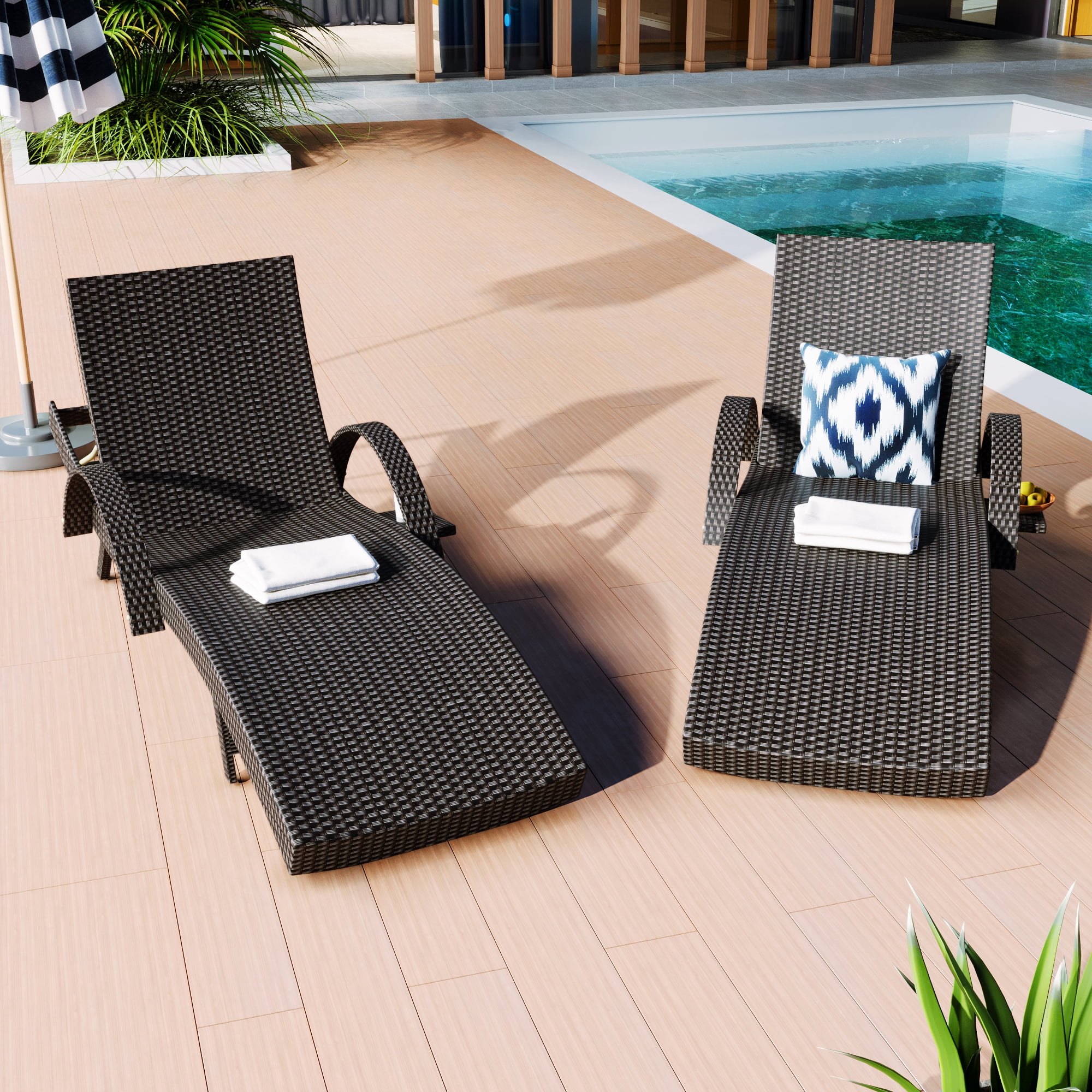 2 Pack Outdoor Wicker Reclining Lounge Chair, 5 Position Adjustable Backrest Pool Side Patio Lounger with Pull Out Side Table, Black