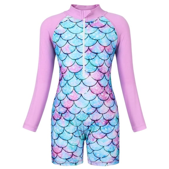 Marendyee Girls Mermaid Swimsuit Kids One Piece Swimsuit Long Sleeve UV Sun Protection Mermaid Scales Printed Zipper Front Swimming Wetsuit Athletic Romper 5-6 Years