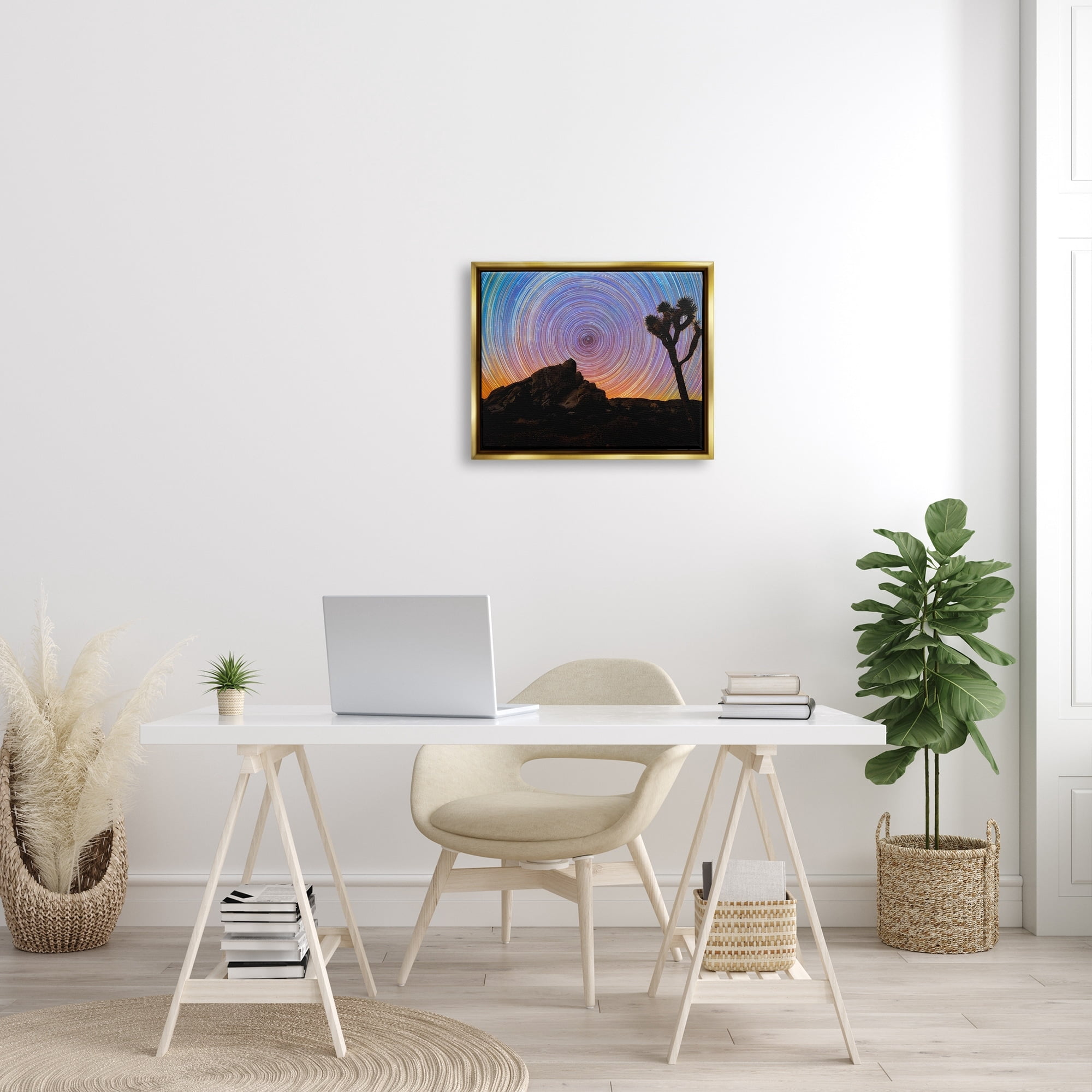 Stupell Industries Kaleidoscopic Swirl Pattern Sky Desert Tree Silhouette Graphic Art Metallic Gold Floating Framed Canvas Print Wall Art, Design by Lincoln Harrison