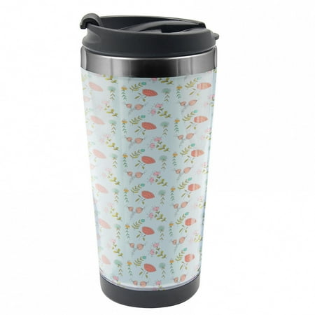 

Botanical Travel Mug Doodle Blossoms Leaves Steel Thermal Cup 16 oz by Ambesonne