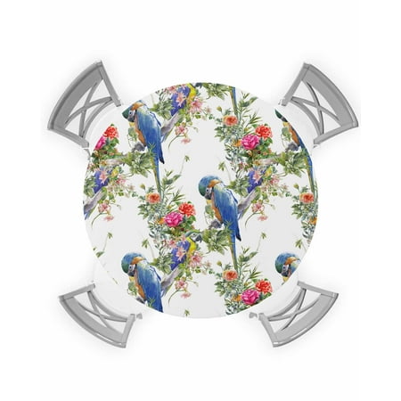 

Round Tablecloth with Elastic Blue Macaw Rose Plant Flower Printing Waterproof Stain-proof Table Cover Wipeable Fitted Table Cloths for 45 -54 Round Tables Dining Kitchen