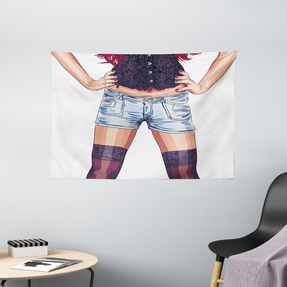 Fashion Tapestry, Stylish Young Woman Figure Wearing Jean Shorts and Stockings Artwork Illustration, Wall Hanging for Bedroom Living Room Dorm Decor, 60W X 40L Inches, Multicolor, by Ambesonne