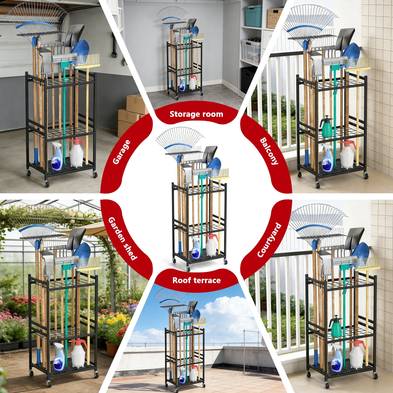 Arcticwind Garden Tool Organizer for Garage,Metal,Yard Tool Stand Holder Organizer for Long-Handled, Broom,Shovel,Rake,Sturdy Heavy Rack for Outdoor,Black,Sturdy Metal Steel Holder With 3 Hooks