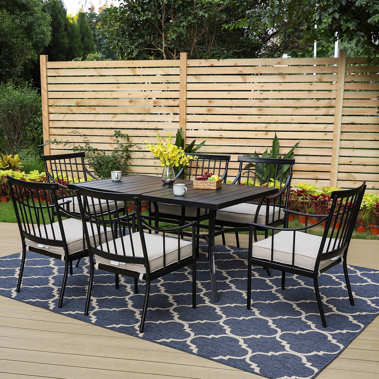 MF Studio 7-Piece Outdoor Dining Set Metal Patio Furniture with 6 PCS Cushioned Chairs& 1 PC Rectangle Table， Black