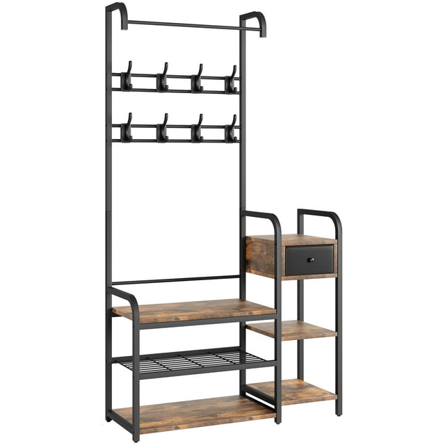 Zzistar Hall Tree Storage Bench, Coat Rack Shoe Bench with Storage Drawer, 5 in 1 Coat Tree Storage Shelf with 8 Hooks