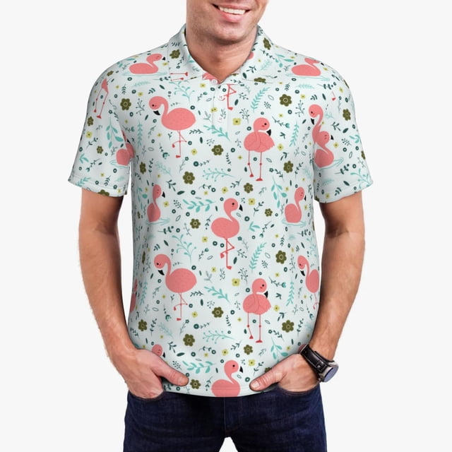 Balery Cute Flamingo Camisa Polo de Hombre con Estampado, de Manga Corta y Tejido Medio, Camisa Tipo Golf Polo-Large