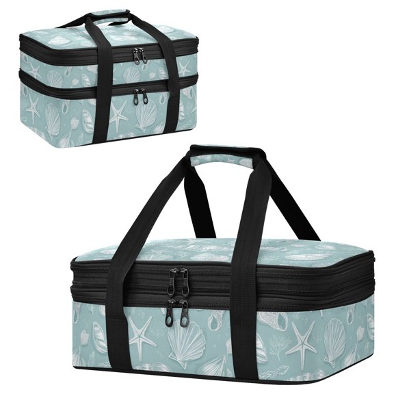 Large Double Decker Insulated Casserole Carrier Expandable 2-Layer Thermal Food Tote Bag Light Blue Seashells Pattern Hot Cold Pizza Lasagna Holder for Potluck Picnic Party Camping