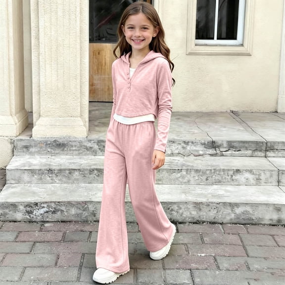 ECHFIPROM Big Girls Fall Outfit Long-Sleeve Hooded Pullover Top and Pants Sports Casual 2 Piece Set Age 1-14 Years,Pink,13-14Years