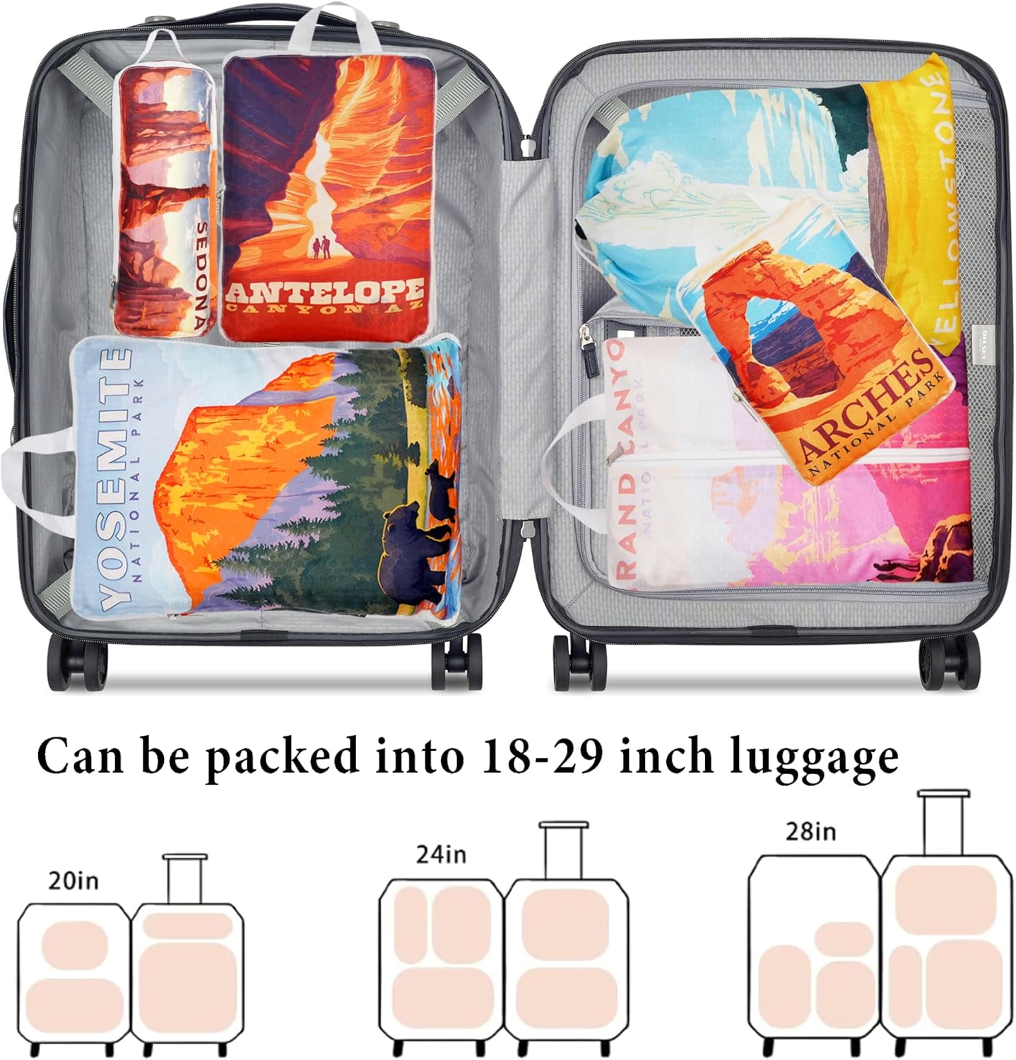 Compression Packing Cubes for Suitcases, 6 Set National Park Travel Luggage Organizer Bags Lightweight Waterproof Smell Proof Packing Cubes as Travel Accessories