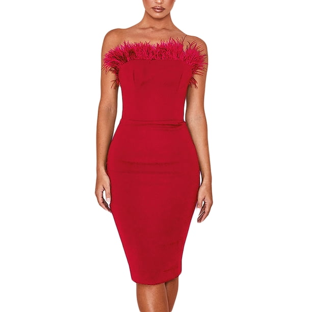 VISgogo Vestido ajustado para mujer, sin tirantes, sin mangas, con ribete de plumas, de color sólido, para fiesta de noche, vestidos a media pierna VISgogo moda