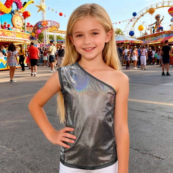 Girls Tops Glitter Asymmetrical Shoulder Sequin Vest Stage Top Girls Clothes Black 5-8 Years