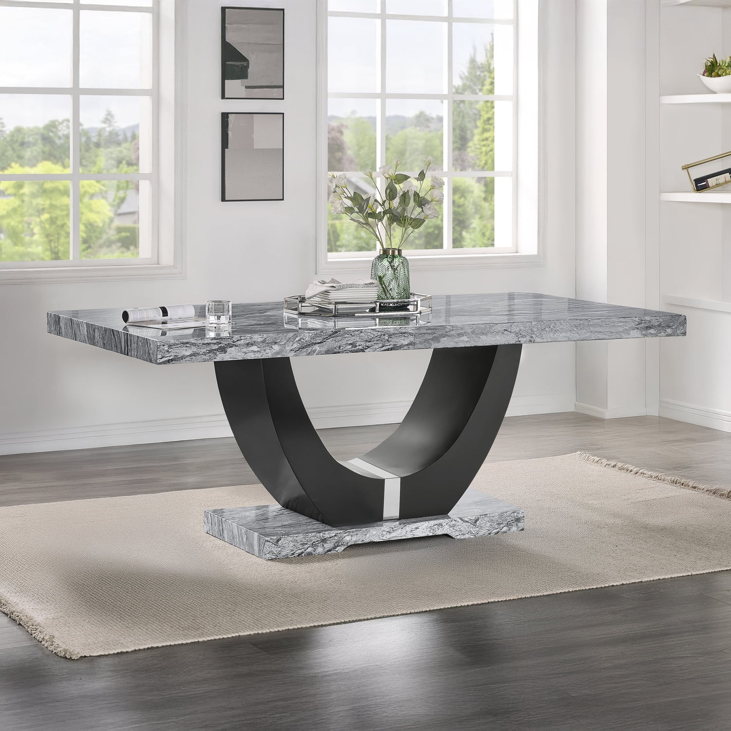 New Classic Furniture Lyra Wood Dining Table with Faux Marble Top in Gray/Black