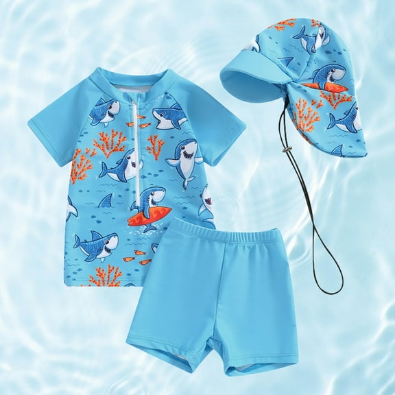 Zylarhe Girls Swimsuit 3 Piece Girls Swimwear - Product Category Selection 2 - Toddler 3-Piece Swim Set for Boys Short Sleeve Rash Guard Shirt Swim Trunks and Bathing Suits 6-12 Months Blue