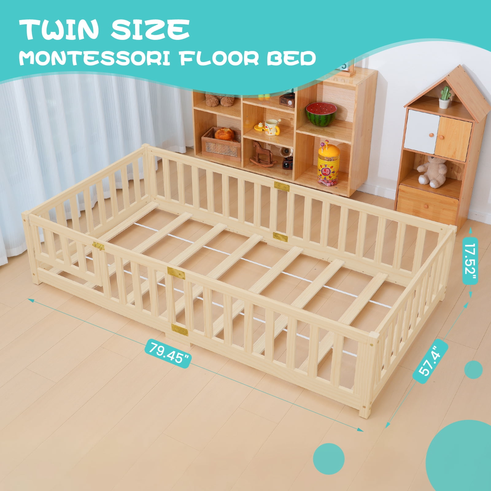 MOPHOTO Toddler Floor Bed,Montessori Floor Frame with Rails & Lockable Door,Twin Size Kid Beds for Toddlers 1-3 Years Old(Nature)