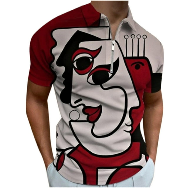 T-shirt Homme Manches Courtes Imprimé Zip Col Rabattu Pull T-Shirt Blouse