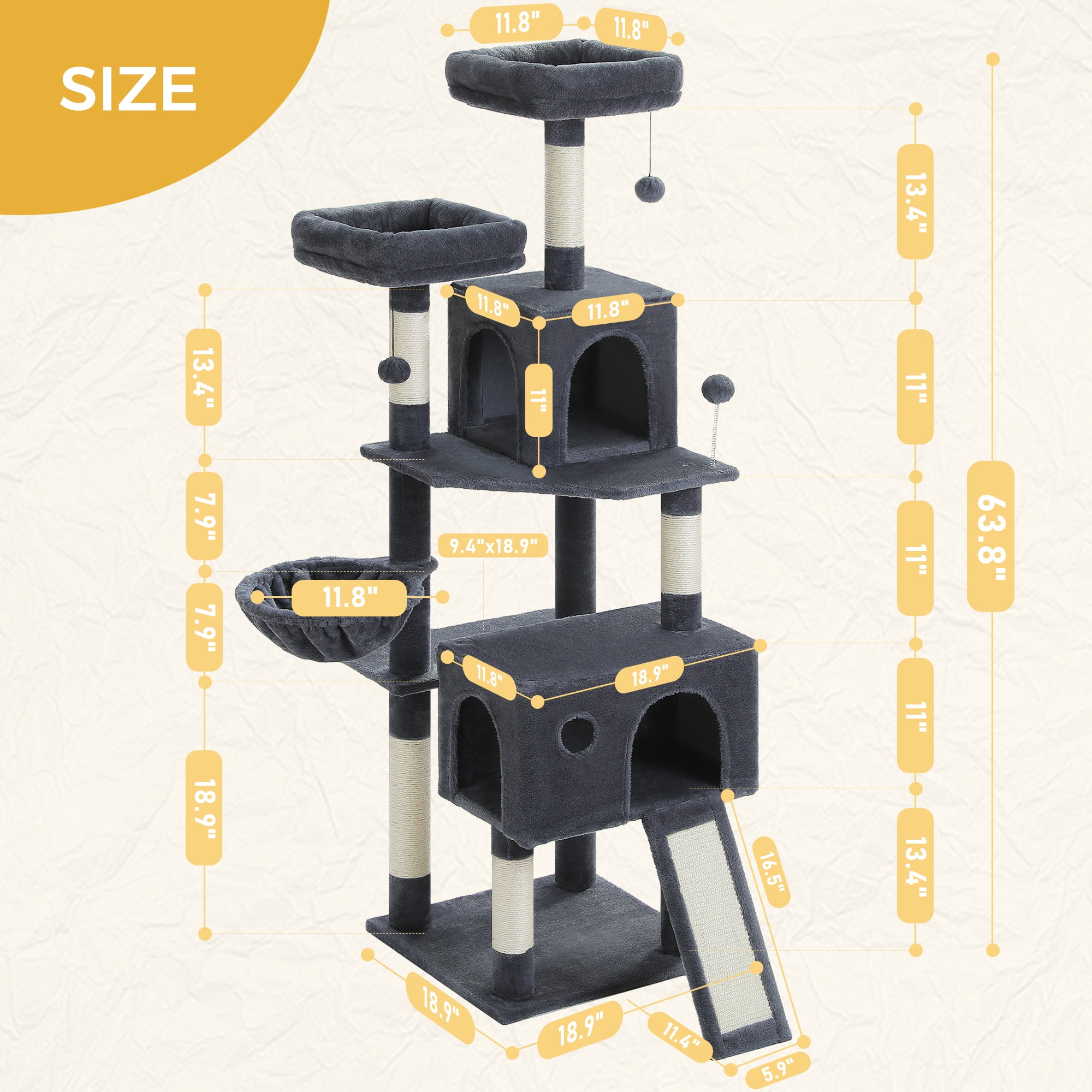 PAWZ Road 64" Cat Tree Large Cat Tower Condo Multi-Level Cat Scratching Post Tower for All Indoor Cats, Dark Gray