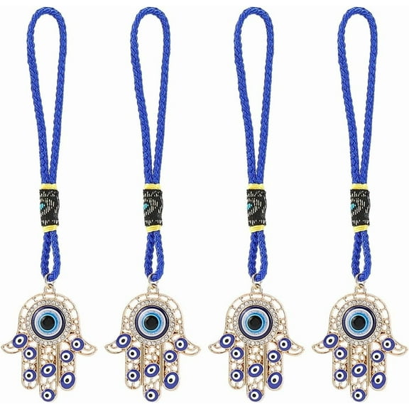 4Pcs Golden Hamsa Hand Amulet Car Pendant Miriam Evil Eye Hanging Ornament with Rope Decoration Lucky Charms Protection Alloy Enamel Accessories Gift