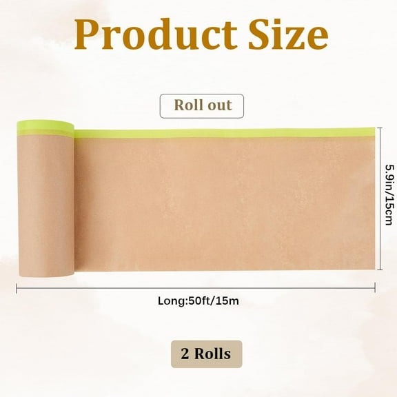 2rolls Masking Paper Automotive Paint Paper Roll with Tape for Painting Protection Covering Moccasin 150x0.1mm 15m/roll