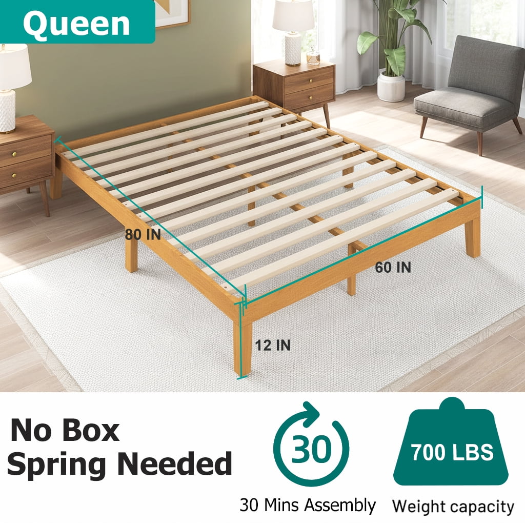 ACCVER Solid Wood Queen Size Bed Frame - 12in Natural Pine Platform Base with Wood Slats, Noise-Free & No Box Spring Needed, Natural Finish, Easy Assembly
