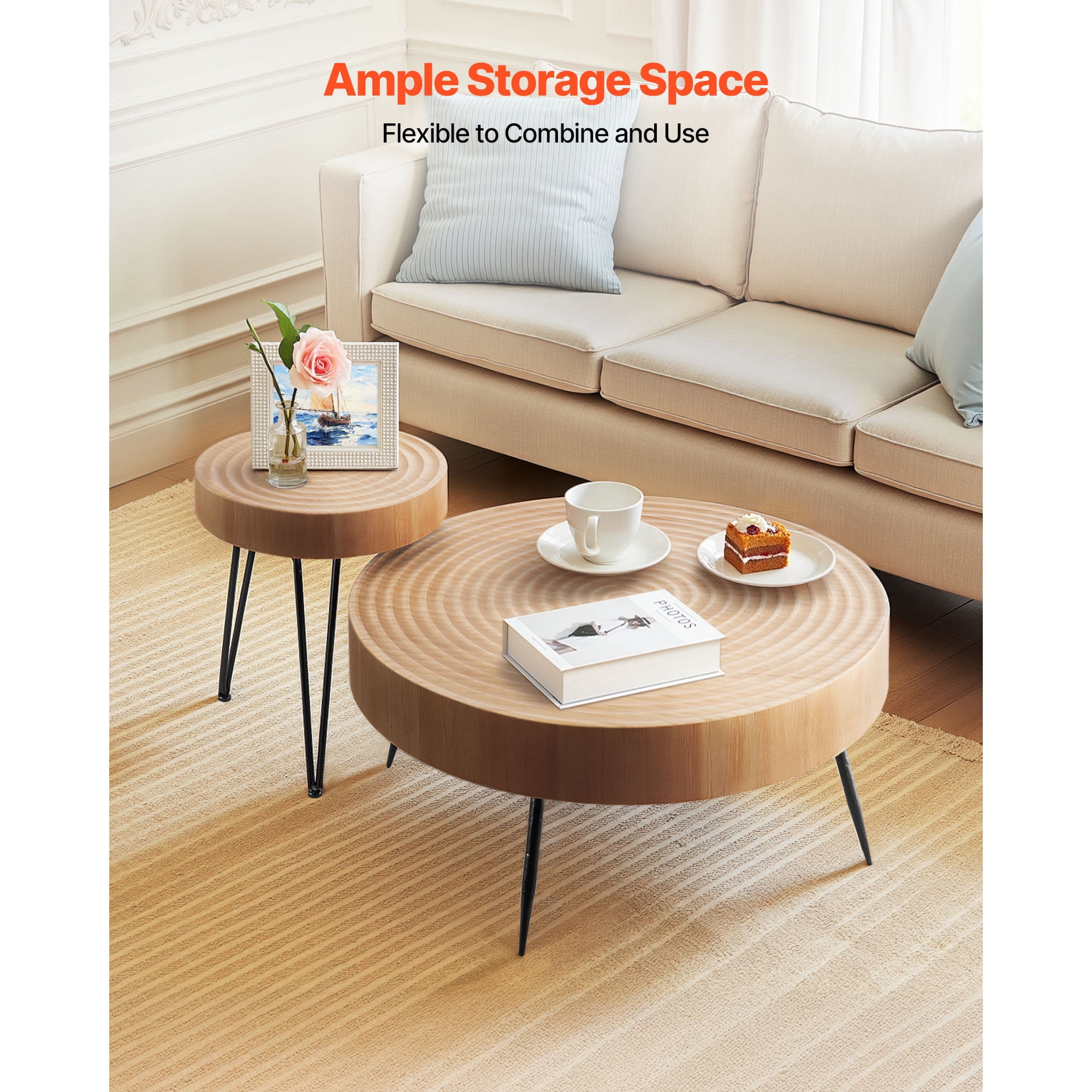 KFFKFF 2-Piece Round Coffee Table Set, 31.3-Inch Industrial Style with Side Table, Easy-to-Assemble Tables with Metal Legs for Living Room, Office, or Apartment
