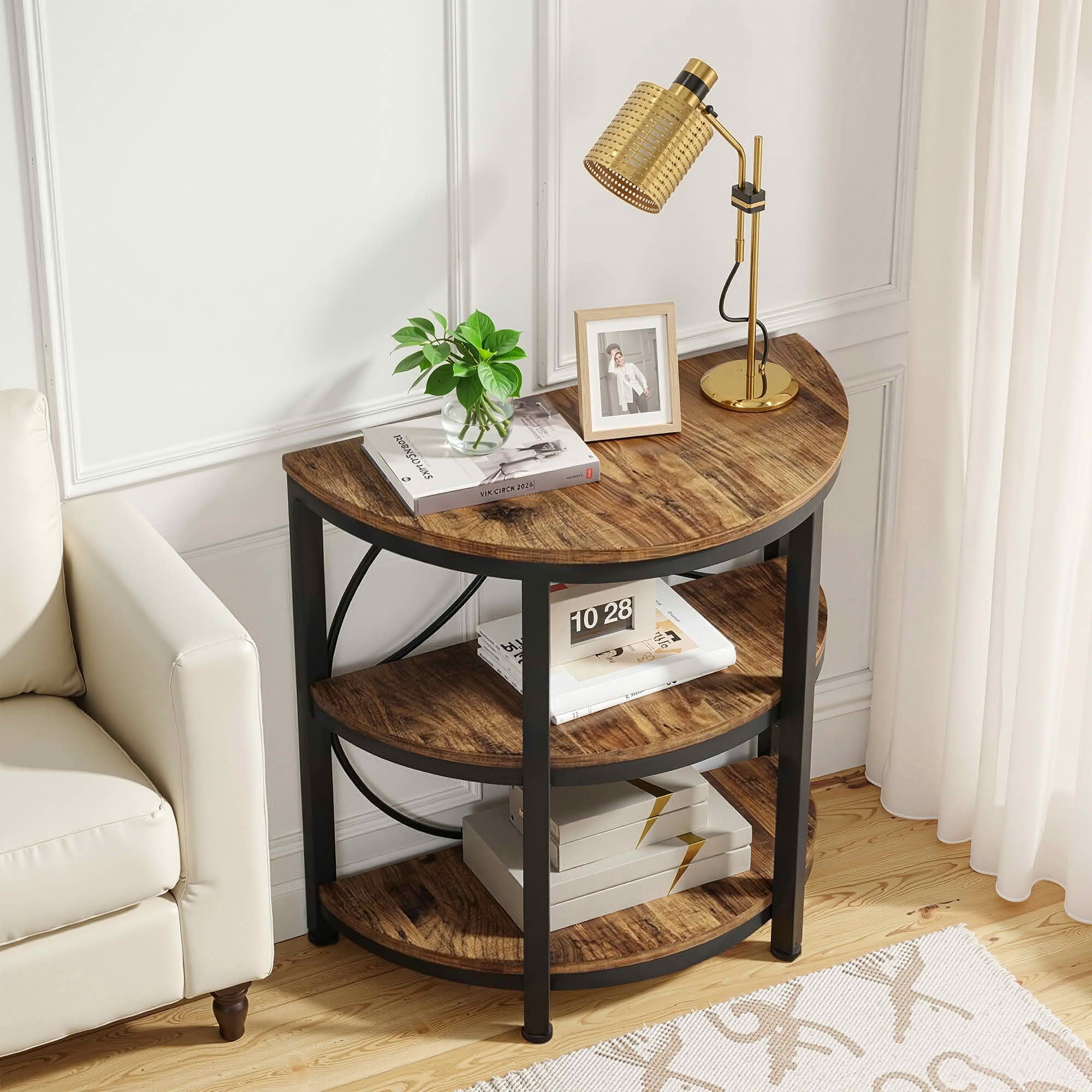 MAYEERTY Half-Round 3-Tier End Side Table, Rustic Brown Particle Board Black Metal Frame with Adjustable Foot Pads