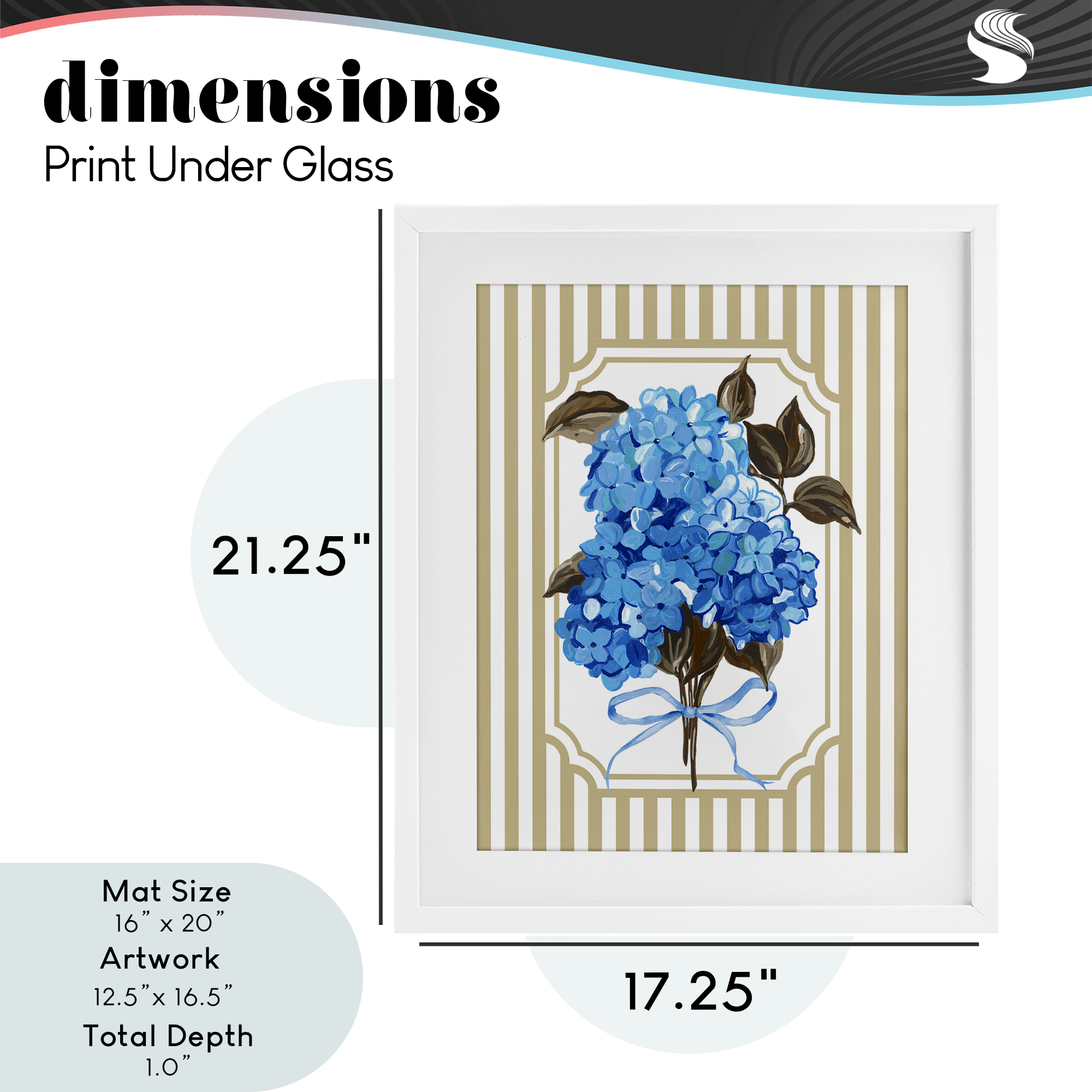 Blue Hydrangea Blossom Bow White Framed Print Under Glass, design by Adonna Ebrahimi