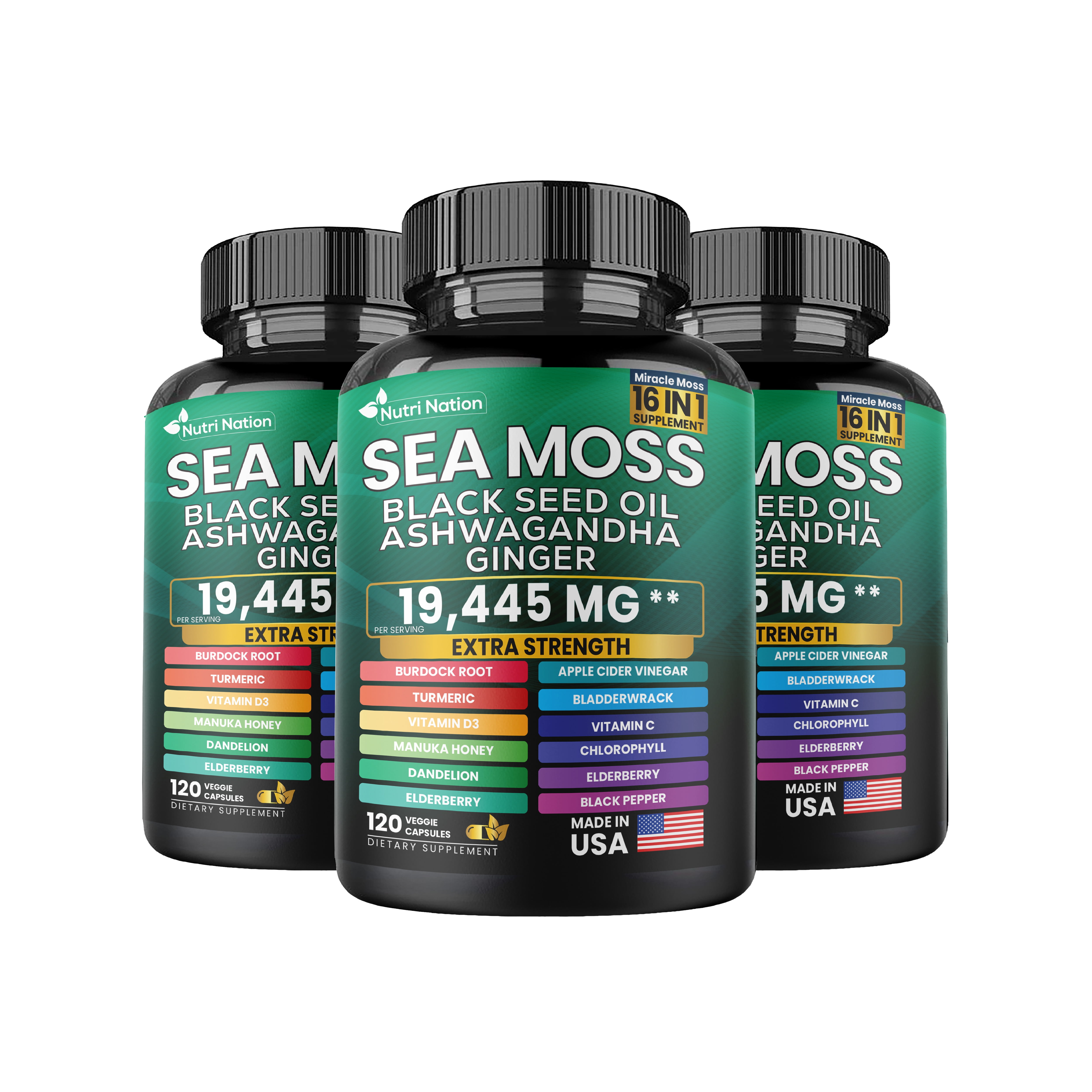 Nutri Nation Sea Moss with Ashwagandha 16 in 1, 120 Capsules 5 Bottles