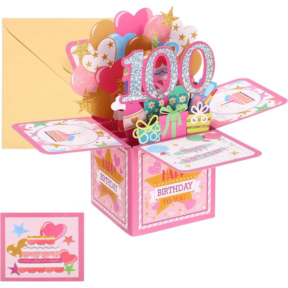 PATIKIL 100th Birthday Card, Pop-Out Birthday Card Funny birthday happy Card Sweet 3D with Greeting Card and Envelope for Women Girl Boy Mom Gift Best Friend Decorations, Pink