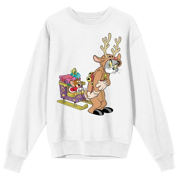 Tom & Jerry Reindeer Tom And Santa Jerry Crew Neck Long Sleeve Women's White Sweatshirt-Small