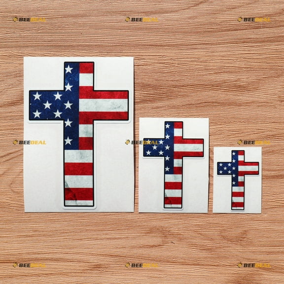 American USA Flag Jesus Cross Vinyl Decal Sticker - 3 Pack Glossy, 2 Inches, 3 Inches, 5 Inches - Grunge Subdued Vintage for Car Boat Laptop