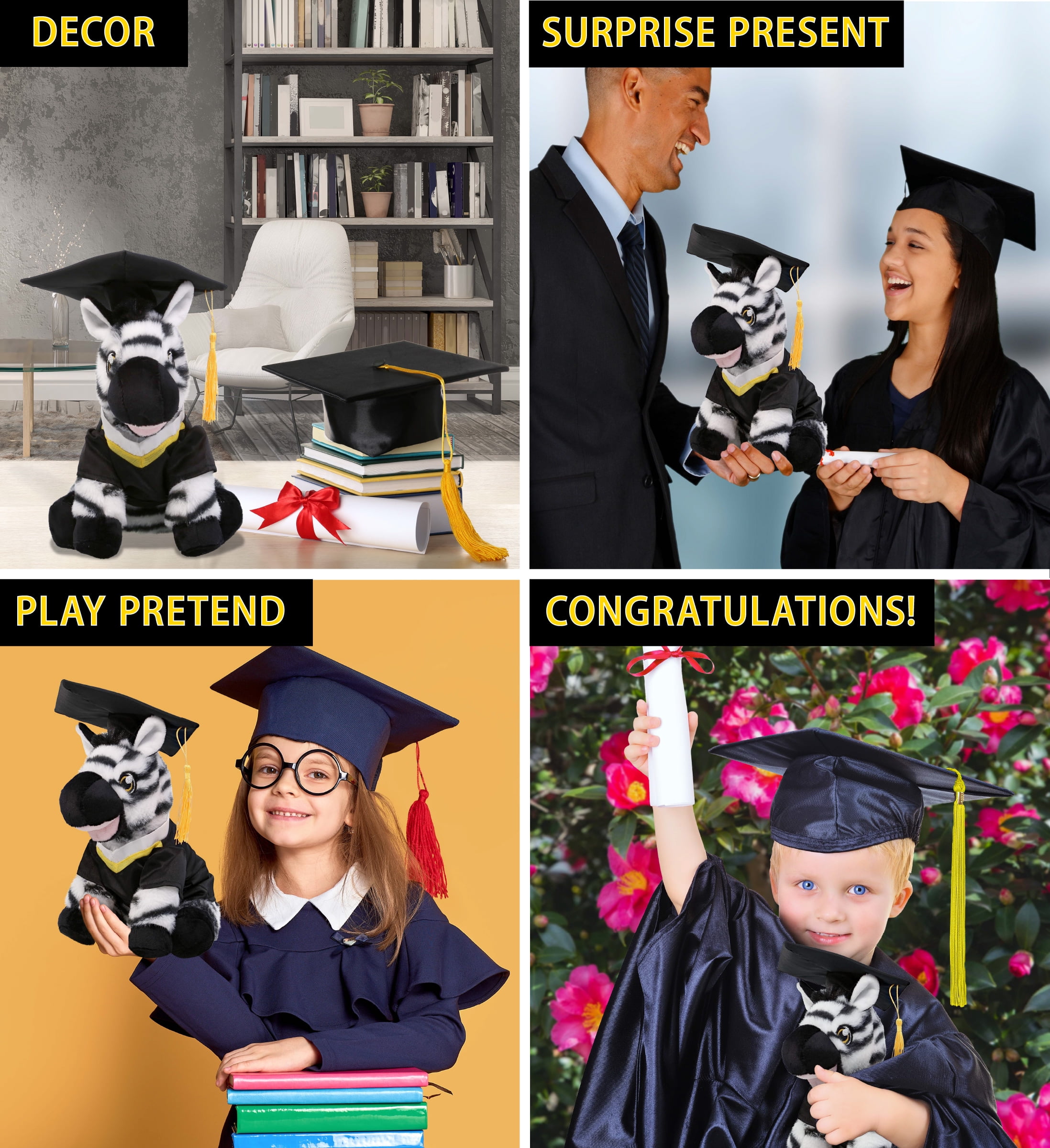 DolliBu Zebra Graduation Plush Toy - Super Soft Zebra Plush Graduation Stuffed Animal Dress Up with Graduation Gown and Cap with Tassel Outfit - Congratulatory Graduation Gift - 9 Inches