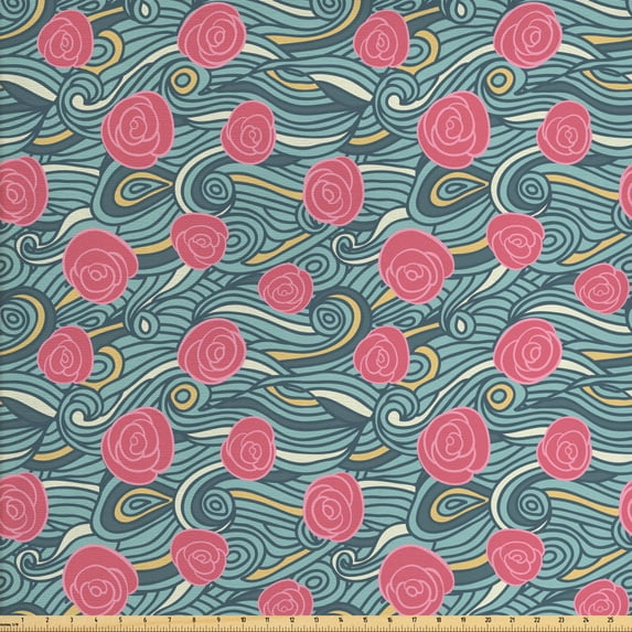 Abstract Sofa Upholstery Fabric by the Yard, Asymmetrical Abstract Waves and Roses Sketch Vintage Design, Decorative Fabric for DIY and Home Accents, Multicolor by Ambesonne