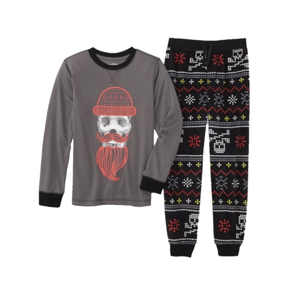 Boys Dark Grey Skull Hipster Long Sleeve Shirt & Pant 2 Piece Pajama PJ Set XS