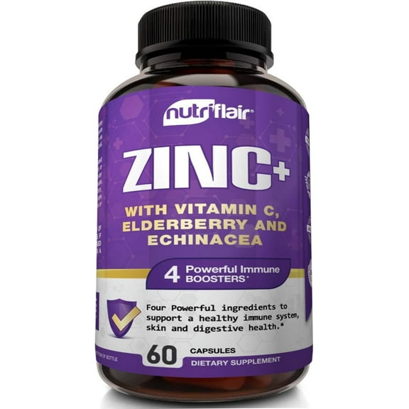 NutriFlair Zinc 50 mg with Vitamin C, Elderberry, & Echinacea Purpurea Extract Immune Support Supplement, 60 Capsules