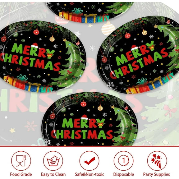 YUYAN-50Pcs Christmas Oval Paper Plates 10" x 12" Large Duty Heavy Duty Black Christmas Characters Disposable Plates Holiday Dessert Platters for Merry Xmas Winter Party Kitchen Dinner Table Decorati