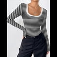 thumbnail image 4 of Camisas de Larga con Cuello Redondo para Mujer, Blusas Informales de Punto Acanalado de Corte Ajustado, Camisetas Básicas de Trabajo para Verano y Otoño. Negro M, 4 of 8